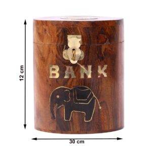Sheesham Wood Elephant Inlay Cylindrical Money Bank, Modern, Brown