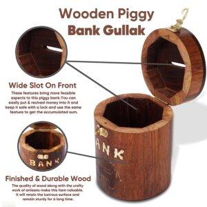 Sheesham Wood Elephant Inlay Cylindrical Money Bank, Modern, Brown