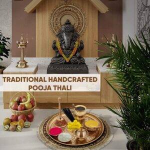 Karigar Creations Traditional Handcrafted Brass Pital Puja Thali Aarti Bartan Plate Set of 8 Piece for Mandir Pooja Room Home Temple 9 Inch Round Golden.