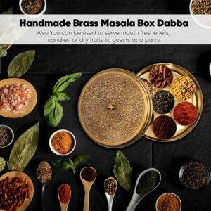 Brass Masala Spice Box Masaladani Set For Kitchen Container with Embossed Lid, 7 Containers and 1 Spoon
