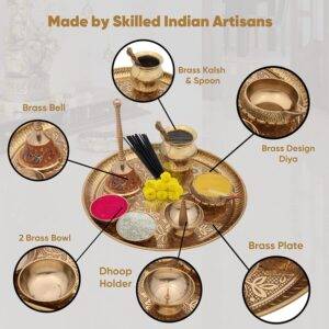 Karigar Creations Traditional Handcrafted Brass Pital Puja Thali Aarti Bartan Plate Set of 8 Piece for Mandir Pooja Room Home Temple 9 Inch Round Golden.