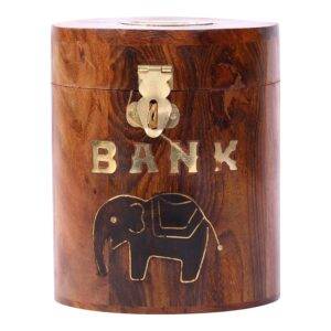 Sheesham Wood Elephant Inlay Cylindrical Money Bank, Modern, Brown