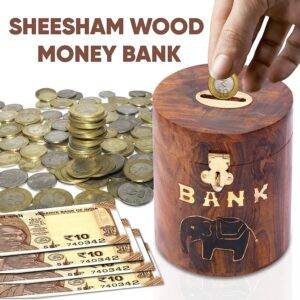 Sheesham Wood Elephant Inlay Cylindrical Money Bank, Modern, Brown