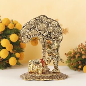 Metal Krishna with Cow Under Tree