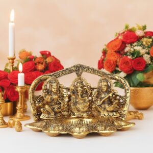 Metal Laxmi Ganesh Saraswati Ji with 5 Diya
